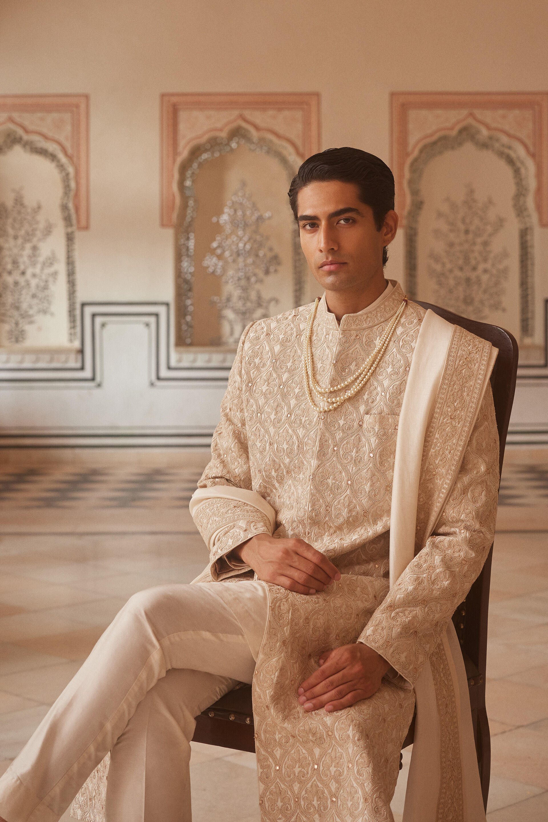 Vismay Gota Patti Silk Sherwani - Ivory, Ivory, image 3